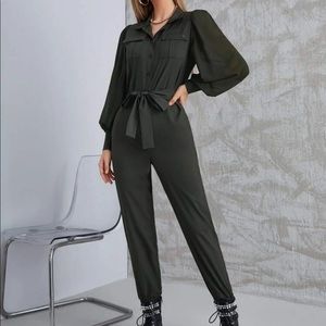 Solid Button Up Pocket Front Belted Jumpsuit